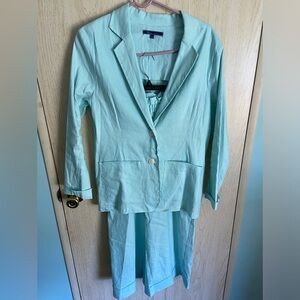 SHORE Brand Aqua Sea Glass Blue Linen Blend Blazer and Cropped Wide Leg Pants XS